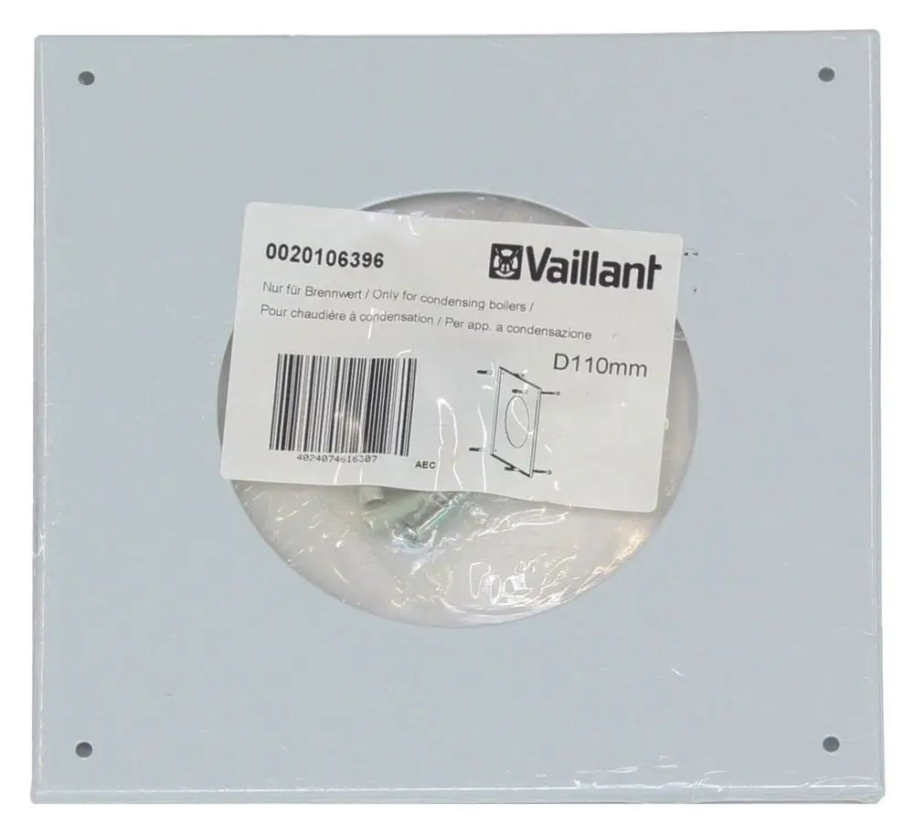 Weiße Wandverkleidung von Vaillant mit eingebauter Halterung, geeignet für die Installation von Heizungs- oder Kesselanlagen. Verpackt mit Montagezubehör.